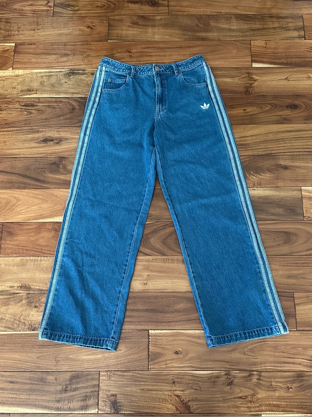 Adidas Originals 3 Stripe Denim Jeans Wide Leg Blue Size M 28” - Picture 2 of 7